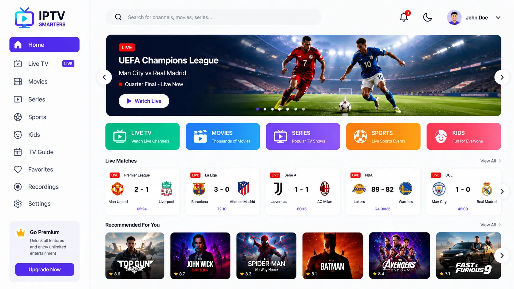 Collection of IPTV-compatible devices including Firestick, Smart TV, and Android phone showing streaming content