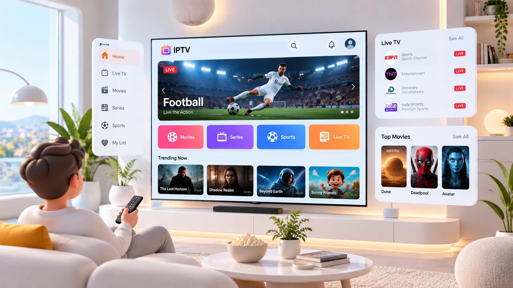 Person using a remote control to navigate IPTV channels on a 4K television